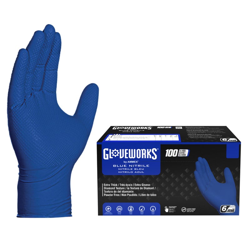 GLOVEWORKS HD Royal Blue Nitrile Industrial Disposable Gloves, 6 Mil Latex-Free, Raised Diamond Texture, X-Large Box of 100 - Image 1